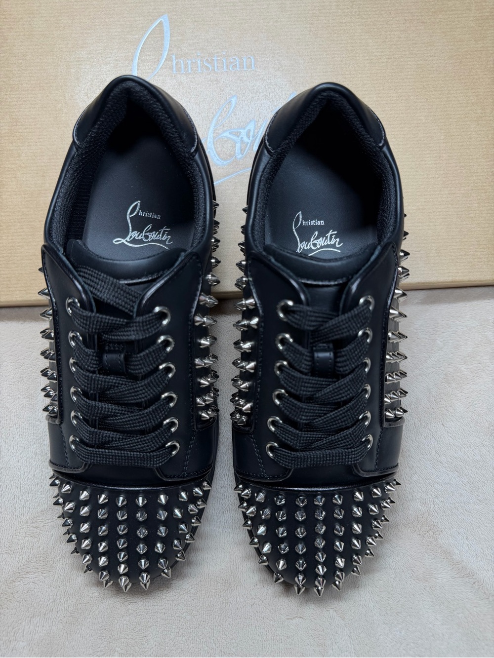 Christian Louboutin Black Leather Spike-Stud Sneakers VIEIRA NIGHT SPIKES